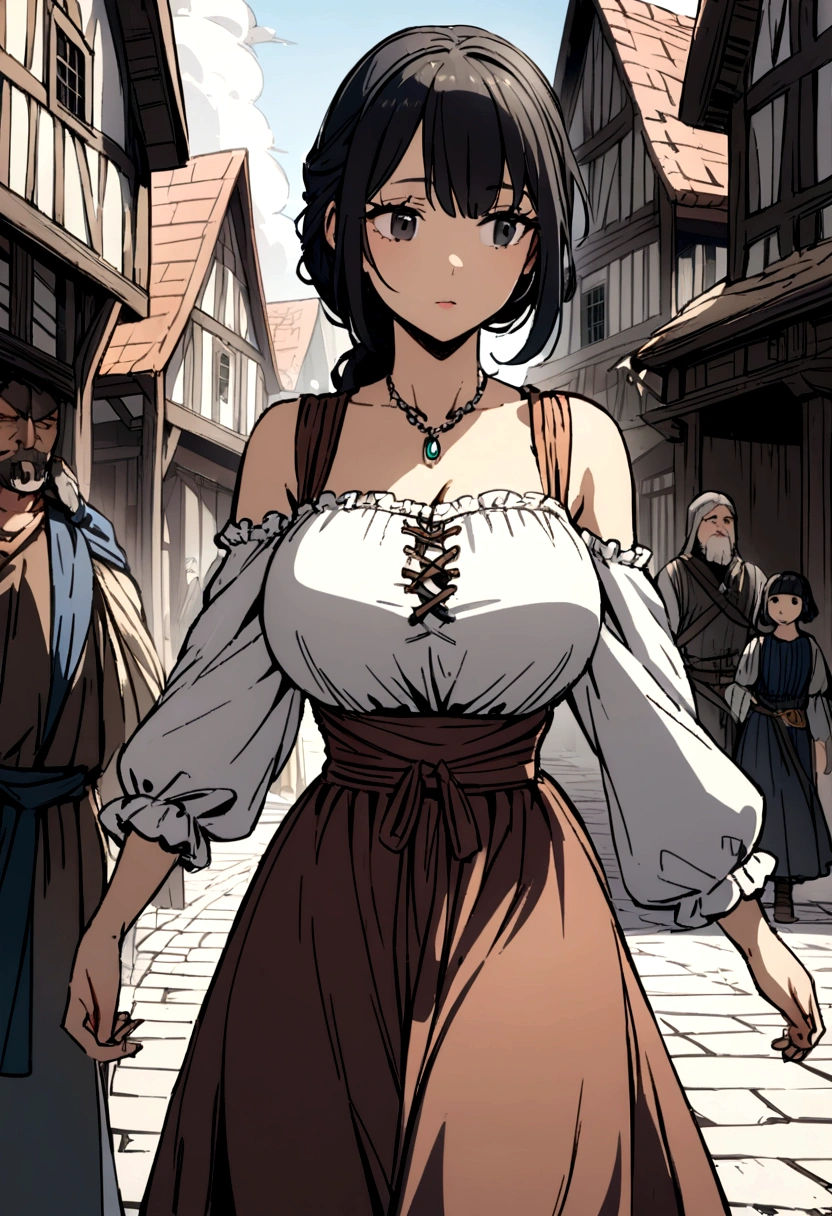 A girl with light skin, black eyes and black hair, wearing a medieval village dress with big breasts walking through a town in a kingdom