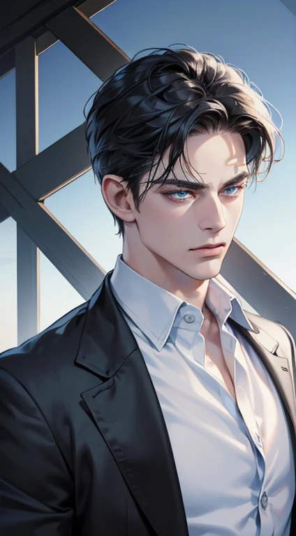 (best quality, masterpiece, 8K, photorealistic, cinematic lighting, 1:4 hdr image, ultra detailed, beautiful image), a mature man, 34 years very handsome, ((cold expression)), short black hair, blue eyes, face perfect without mistakes, ((buttoning his jacket, CEO))