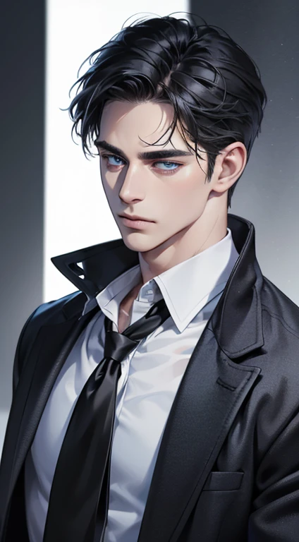 (best quality, masterpiece, 8K, photorealistic, cinematic lighting, 1:4 hdr image, ultra detailed, beautiful image), a mature man, 34 years very handsome, ((cold expression)), short black hair, blue eyes, face perfect without mistakes, ((buttoning his jacket, CEO))