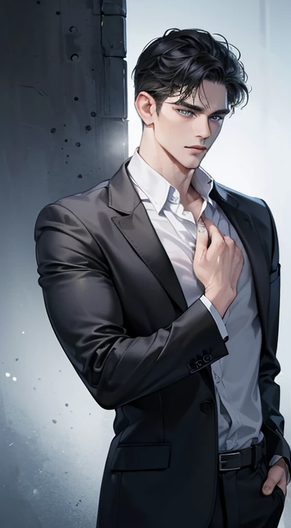 (best quality, masterpiece, 8K, photorealistic, cinematic lighting, 1:4 hdr image, ultra detailed, beautiful image), a mature man, 34 years very handsome, ((cold expression)), short black hair, blue eyes, face perfect without mistakes, ((buttoning his jacket, CEO))