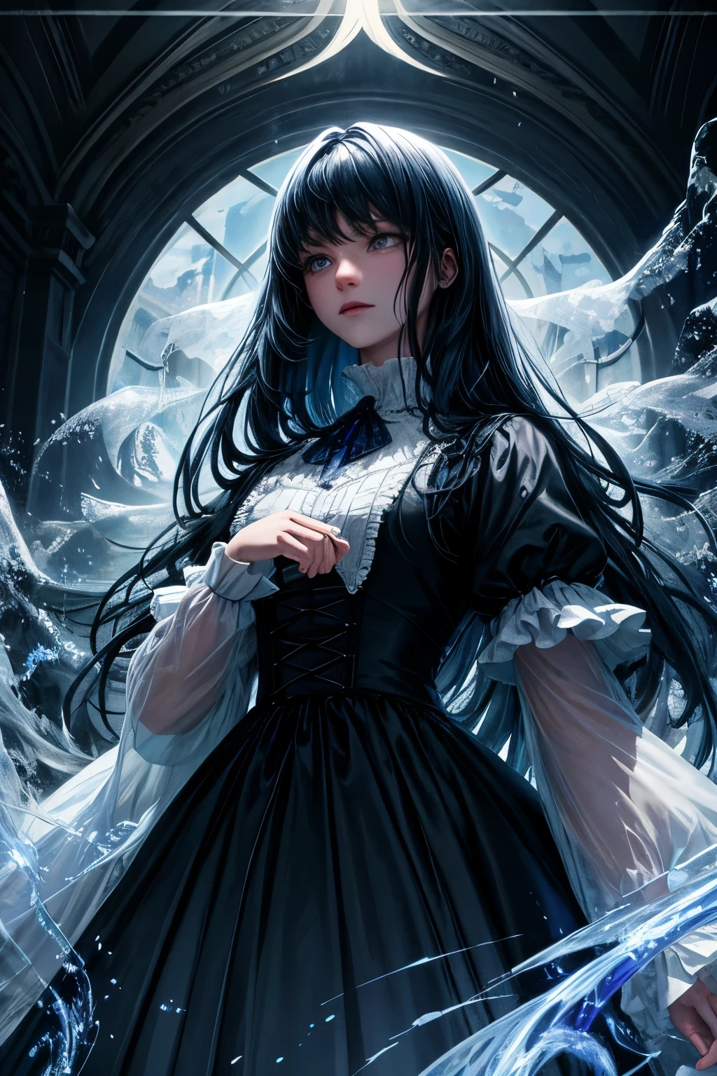 A spectral figure dwells in the foreground, embodying the spirit of dread. The gothic backdrop, rich in blue and white hues, further accentuates the ghostly entity's eerie presence.

This translucent being showcases an ethereal beauty with shimmering, long tresses that seem to flutter in an unseen breeze. Its eyes are empty orbs, devoid of any sign of life, adding to the haunting ambiance.

The detail in this artwork is exquisite, with High-Definition Renderer (HDR) and physically-based rendering techniques employed to capture the intricate nuances of this supernatural subject. The image is rendered