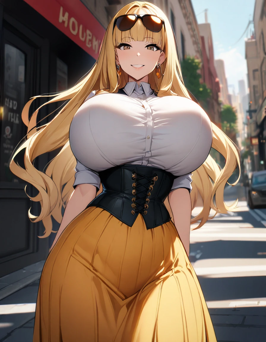 1girl,solo,blonde hair color,long hair,hime cut,light brown eyes,Sunglasses on the head,corset, long skirt,earrings,huge breasts,Whipped thighs,slender,near,street background,SFW,perfect,high quality,faultless,smile