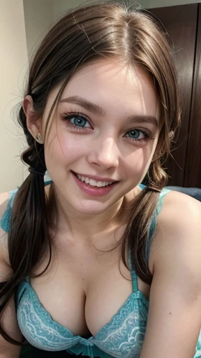 White woman, 35 years old, Brown hair, long hair, Nice hair, pigtail hair, Nice face, simetric face, Green eyes, Nice body, BLUE , laughing, earrings 