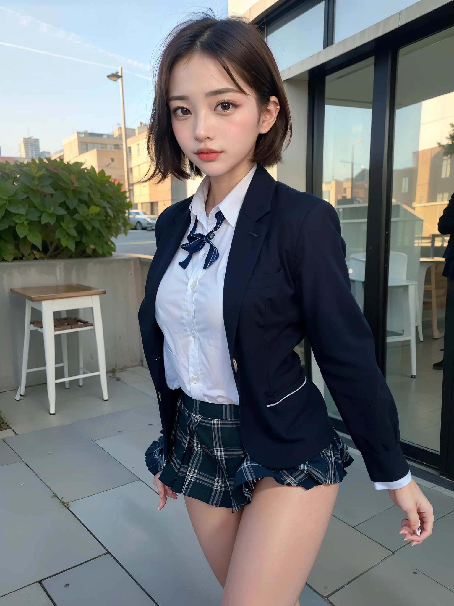 ((Best of the highest quality, 8k, Masterpiece, raw photo: 1.2)), (Sharp focus: 1.2), (1 AESPA, slim body type female, 21 y/o: 1.1), (Solo: 1.28), (realistic, photo-realistic:1.37), face focus, cute face, finely eyes, (droopy eyes: 1.32), (Emphasize prominent aegyo-sal with bright: 1.2), shimmering eyeshadow applied under the lower lash line, paired with thick, (small breasts, flat chest, Thigh: 1.3), (short messy hair: 1.28), (wearing navy blazer school uniform, skirt: 1.32), (ribbon: 1.1), walking terrace dining, flower, (skirt is rolled up by the wind: 1.16)