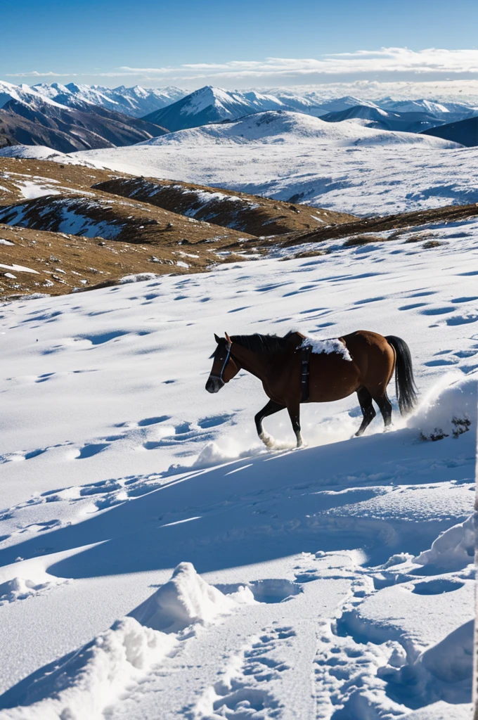 Steed digging in snowy mountains