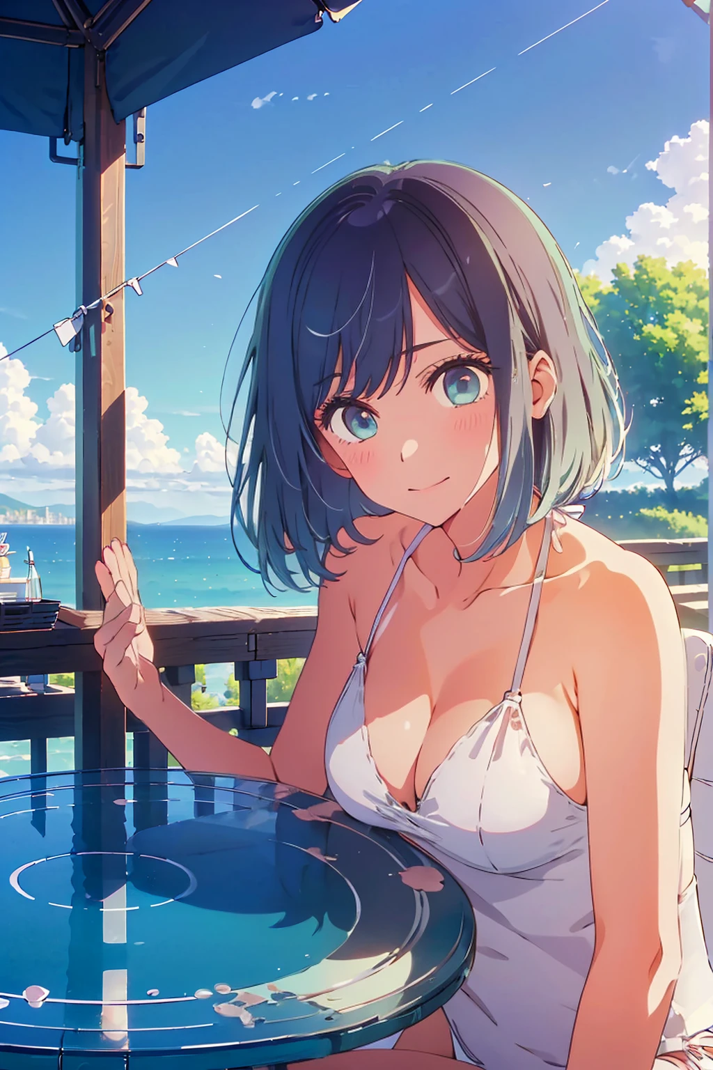 (Highest quality:1.4、8K:1.4、detailed)、F cup bust、Big Breasts、Slim body、Very white beautiful skin、((((1 person、smile、sit、Chair、 the background are the urban buildings of Tokyo、looking at the camera、Outdoor café terrace、coastal、Navy hair color、juice、White side string high leg bikini、Shooting up close、Shooting from an angle、table、Very cute face))))、(Waving:1.4)、Very blue sky、A completely cloudless sky