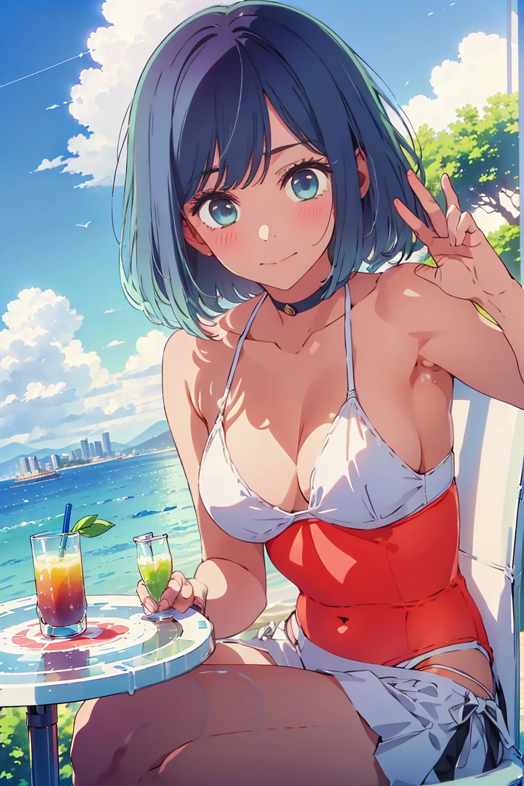 (Highest quality:1.4、8K:1.4、detailed)、F cup bust、Big Breasts、Slim body、Very white beautiful skin、((((1 person、smile、sit、Chair、 the background are the urban buildings of Tokyo、looking at the camera、Outdoor café terrace、coastal、Navy hair color、juice、White side string high leg bikini、Shooting up close、Shooting from an angle、table、Very cute face))))、(Waving:1.4)、Very blue sky、A completely cloudless sky