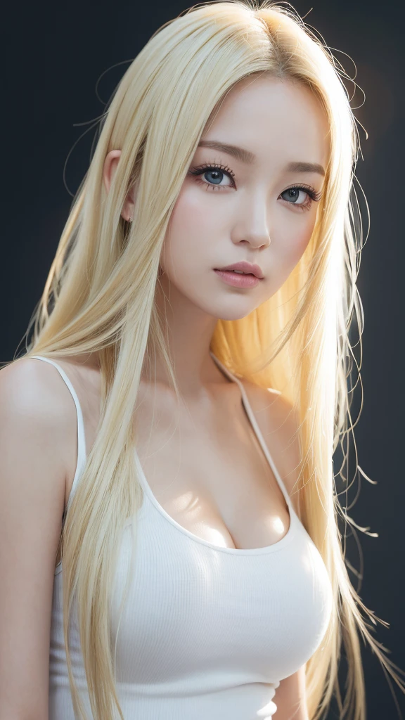 (((forehead、White background、Blonde、Russia、Northern Europe、Upper body close-up)))、sexyな巨乳,25歳の美しい女の子はsexyでかわいい & かわいい美しいsexyな顔, A strong wind blows my hair in front of my face,Beautiful super long metallic blonde straight hair、長い前髪の後ろに隠された美しくキュートでsexyな目、Tank top、skinny pants、sexy、Dynamic Pose