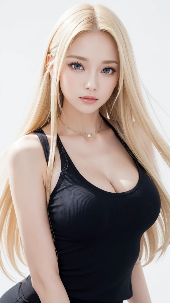 (((forehead、White background、Blonde、Russia、Northern Europe、Upper body close-up)))、sexyな巨乳,25歳の美しい女の子はsexyでかわいい & かわいい美しいsexyな顔, A strong wind blows my hair in front of my face,Beautiful super long metallic blonde straight hair、長い前髪の後ろに隠された美しくキュートでsexyな目、Tank top、skinny pants、sexy、Dynamic Pose