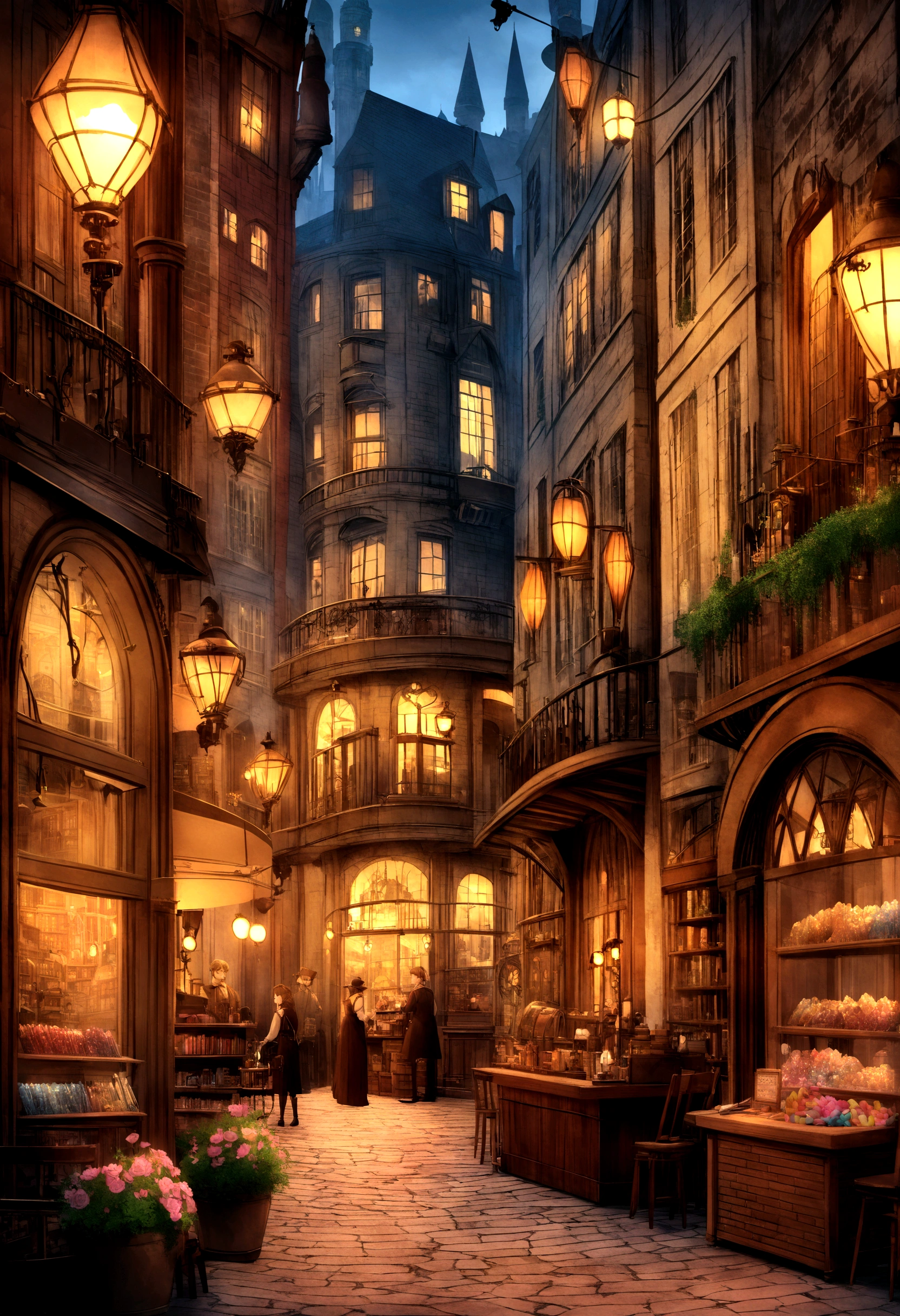 Diagon Alley, Harry Potter/books/, Steampunk atmosphere, Steampunk technology, Steampunk landscape, steampunk building, Steampunk street, Steampunk Style, 8K, High resolution, Extremely detailed images, Candy Shop, Wand Shop, Magic Shop, Cafe, high quality、Night view