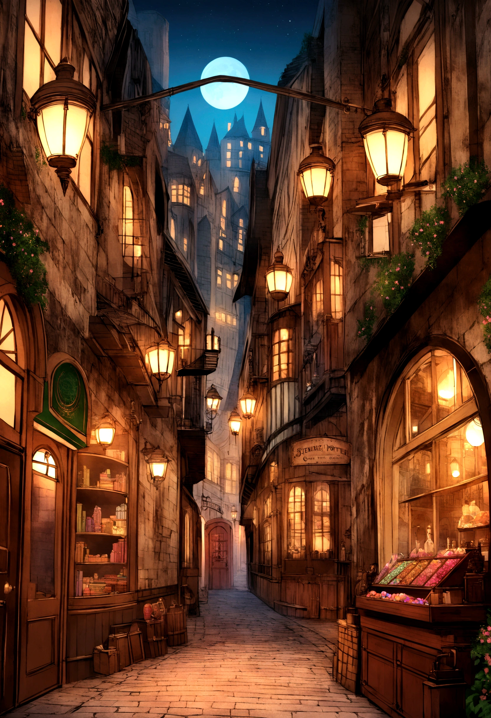 Diagon Alley, Harry Potter/books/, Steampunk atmosphere, Steampunk technology, Steampunk landscape, steampunk building, Steampunk street, Steampunk Style, 8K, High resolution, Extremely detailed images, Candy Shop, Wand Shop, Magic Shop, Cafe, high quality、Night view