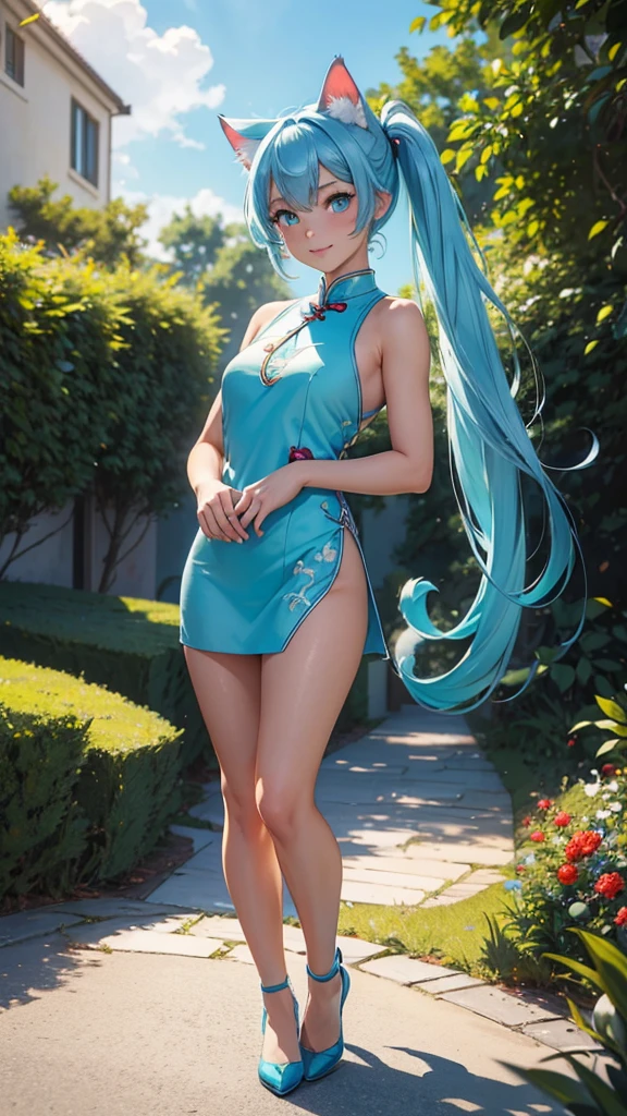 hatsune miku cosplay costume, hatsune miku, magical mirai miku, cosplay, aqua hair, twintails, very long hair, vest, sleeveless dress, frills, asymmetrical gloves, bowtie, mini hat, hair ornament, gloves, wrist cuffs, asymmetrical legwear, vertical-striped thighhighs, shoes beauty, Beautiful woman，Have a perfect body：1.4，Layered Hairstyle，((Big breasts)), ((D cup)), Visible cleavage，Bare shoulders, Highly detailed face and skin texture，Double eyelids，Skin Whitening，Long hair，Whitening long legs，Standing by the sea, Fashion girl, Red lips, Sweet maiden, Beautiful makeup, detail, lifelike, Very detailed, amazing, beautiful, Young and energetic, high quality，High Definition, rich and colorful，Exquisite, Smooth skin, The skirt is short, Lift the skirt with your hands, Elegant and charming posture, Official Art, Extremely detailed, Movie atmosphere, Soft colors, Natural skin texture,