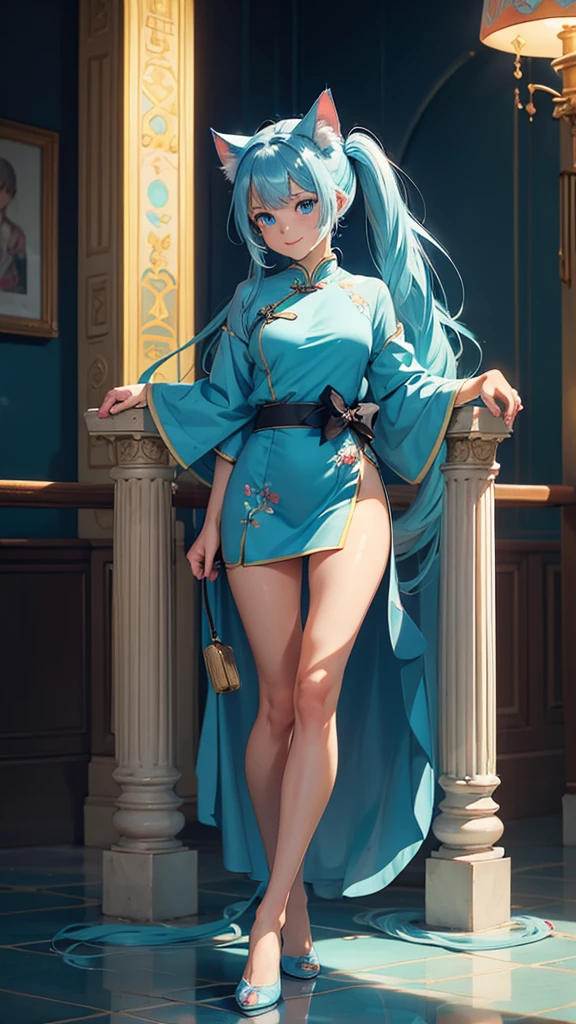 (high resolution, full body, soft skin:1.2),(best illustration,masterpiece:1.2),ultra-detailed,[(cat ears , aqua blue inside:1.2, blue twin tail hair, aqua blue eyes, cat eyes, tan skin),vivid colors,sharp focus, sun lighting,bokeh, wearing a red cheongsam, smiling,