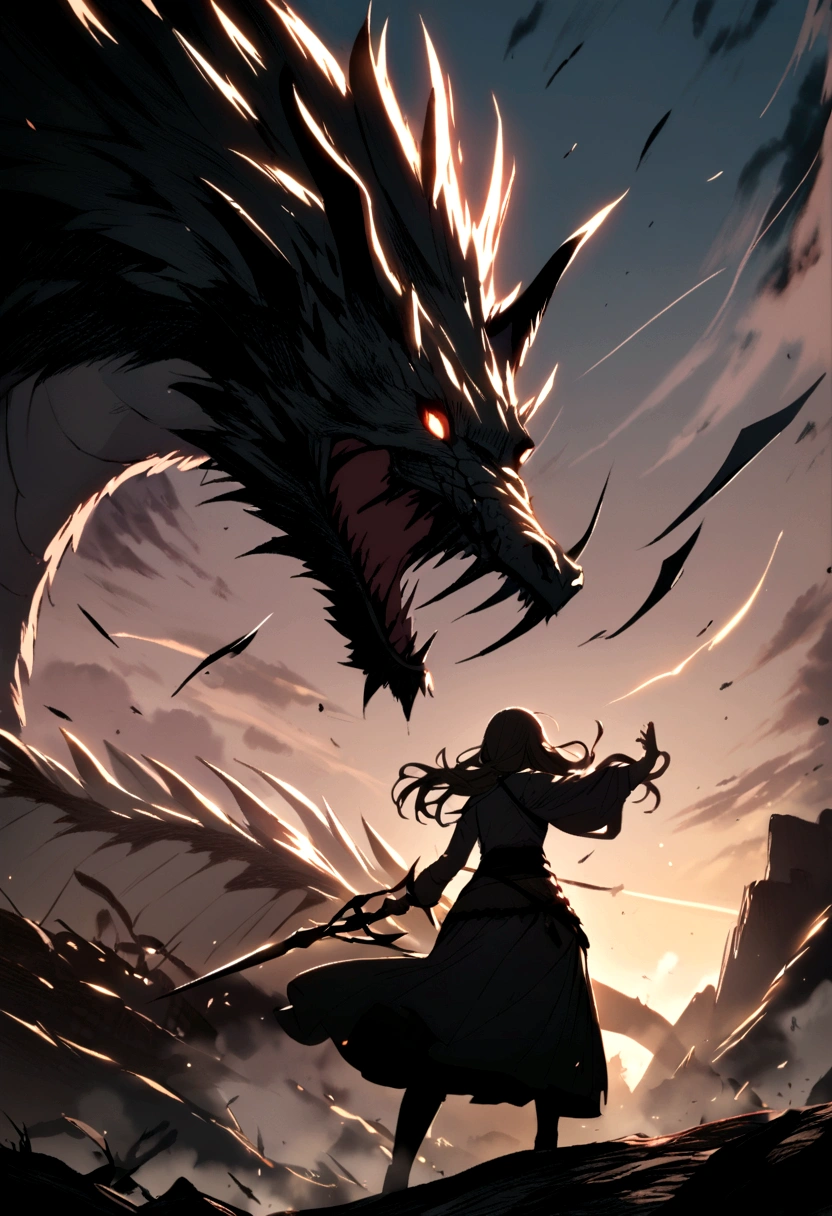 Woman with a spear in her hand. In a battle against a dragon