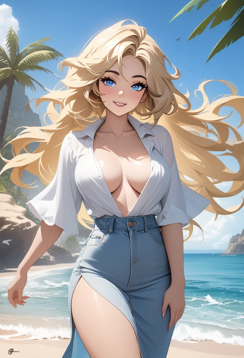 beautfull woman, Blonde hair in the wind, shining blue eyes, realisitic, work of art, highy detailed, 4K, beach background, highy detailed light, small smiling, Caucasian skin