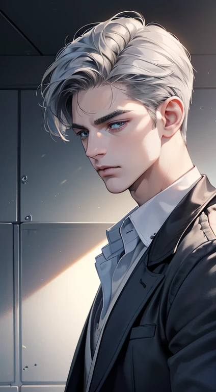 (best quality, masterpiece, 8K, photorealistic, cinematic lighting, 1:4 hdr image, ultra detailed, beautiful image), a mature man, 34 years very handsome, ((cold expression)), short grey hair, blue eyes, face perfect without mistakes, ((buttoning his jacket, CEO))