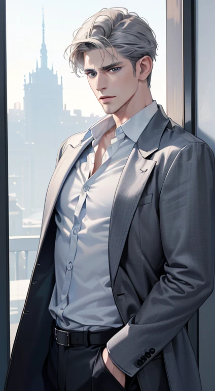 (best quality, masterpiece, 8K, photorealistic, cinematic lighting, 1:4 hdr image, ultra detailed, beautiful image), a mature man, 34 years very handsome, ((cold expression)), short grey hair, blue eyes, face perfect without mistakes, ((buttoning his jacket, CEO))