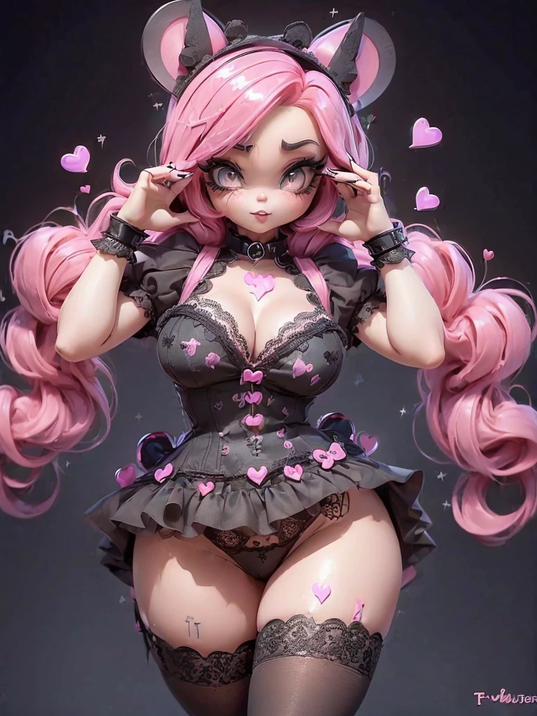 (((disney style))), (((Fluttershy))), goth, ((my little pony)), (((detailed eyes))), (((mismatched stockings with heart print))), big perky butt, (voluptuous medium-large breasts), bra with print, serious dominant face, ((long goth lace dress)), ((black eyeshadow, big black lips, spiked collar, long eyelashes, black nails, ultra detailed contours, lace sleeves)), (((hot journal pose:1.4))), (after sex), (cutie mark), (glossy body:1.3)