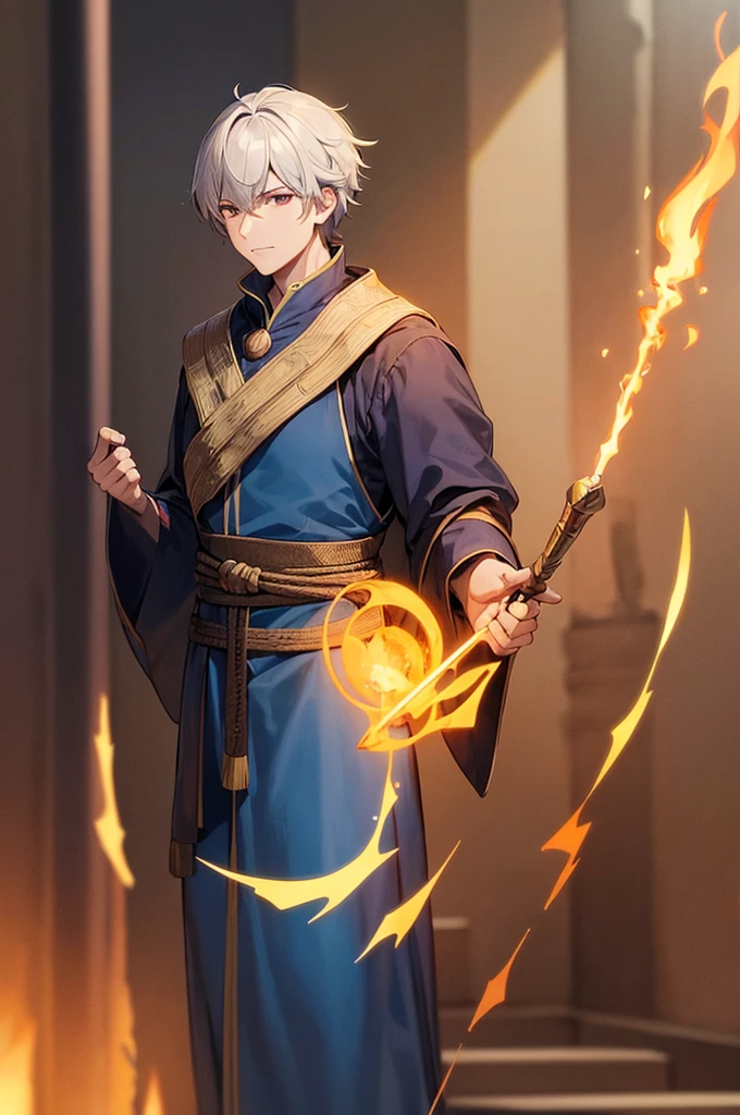1 men, fire mage, wizard's hood, holding a wizard's staff, bonitas