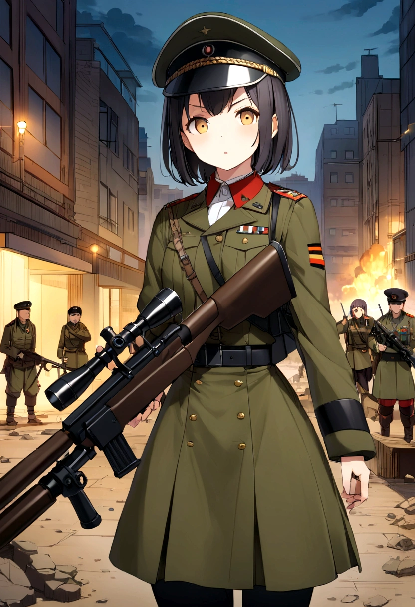 tankのパーツ、mechanical、Armor、tankの艤装、tankの部品でできた服、tankの部品が付いた服、Highest quality、high resolution、Detailed Description、Detailed Background、Accurate depiction、tank、tank娘、Personification、tankのPersonification、animeスタイル、anime、girl、German military uniform、battle服、military cap、battlefield、rubble、黒cigarette、cigarette、Hold a sniper rifle、Thick muzzle、Black Short Hair、Sharp Eye、cute、night、battle、Urban area、Destroyed City