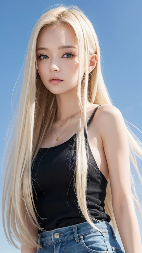 (((forehead、White background、Blonde、Russia、Northern Europe、Upper body close-up)))、sexyな巨乳,25歳の美しい女の子はsexyでかわいい & かわいい美しいsexyな顔, A strong wind blows my hair in front of my face,Beautiful super long metallic blonde straight hair、長い前髪の後ろに隠された美しくキュートでsexyな目、Tank top、skinny pants、sexy、Dynamic Pose