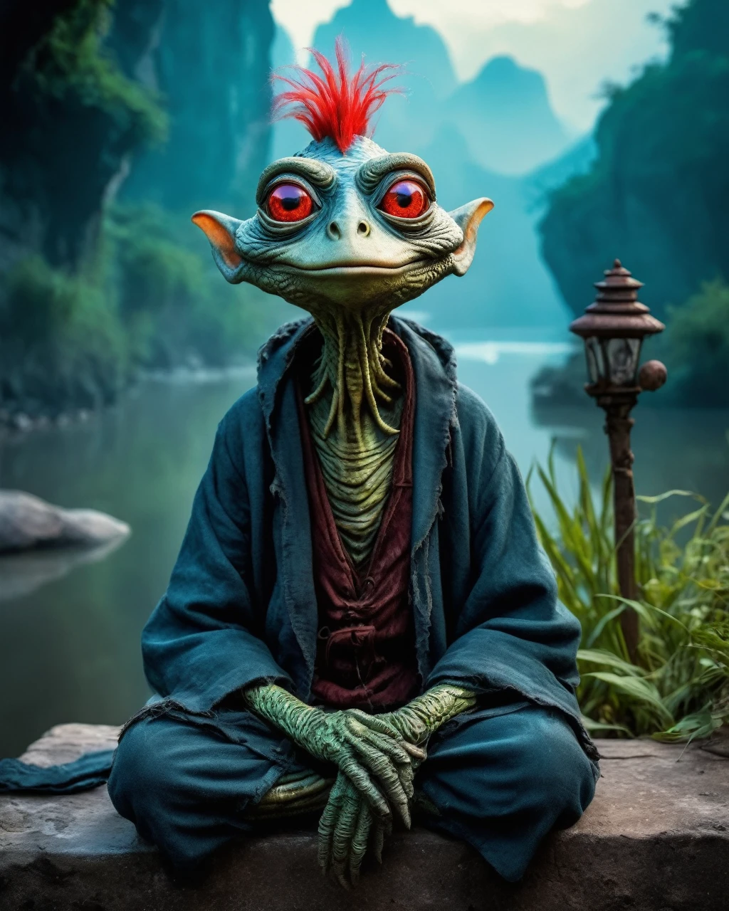 full body shot, ,psychedelic style of A beautiful tander alien female creature with lizard scale with fluffy eyes embedded into a canvas,The iris looks weird, attractive, The stars  in space is reflected in the pupil, goose down eyelashes, long wavy red luminescent hair, folk baggy clothes, sitting on a bench outside the house of dwarves in the setting of the Lord of the Rings,  . Whole outfit, clear, sharp, balanced,insanity clothing,full body length shot,beggar graphite Manganite sparas, wants eat,survival in criminal city of future,Cinematic,soft colors, Technicolor,natural skin textures, hyper realism, hyper detailed,Extremely detailed,High contrast,Masterpiece,Realistic,Ultra Detailed, intricate details,realistic humid leather,extremly intricate,Epic Realistic, cinematic style,irina yermolova,high contrast,hdr,extremely detailed, [deep night landscape],masterpiece,intricate details,faded,eyes extremely detailed, high detailed eyes,16k resolution,RAW,retina, Nikon Z9,China,Songbird,orc,Li River in Guangxi Zhuang of China,tkt style, Pisces, pointed ears，perfect, ginger，transition between two art styles, Ink painting to photorealism, Double contact, X-ray, Creative, vivid light, masterpiece, fantasy, Abstract, Surrealism, super detailed, high resolution, stop:35,(((creature with a spectral and ghostly appearance)). Her skin is pale, almost translucent. His eyes shine with a bluish glow, he wears dark, torn clothes that float around him, as if permeated by an aura of mourning. Its appearance is complemented by details such symbols of morning and gothic elements, further emphasizing its dark air. is portrayed as a haunted and tormented entity,pixar ,movie, animated movie still, still from the pixar movie, still from a pixar movie, disney ,