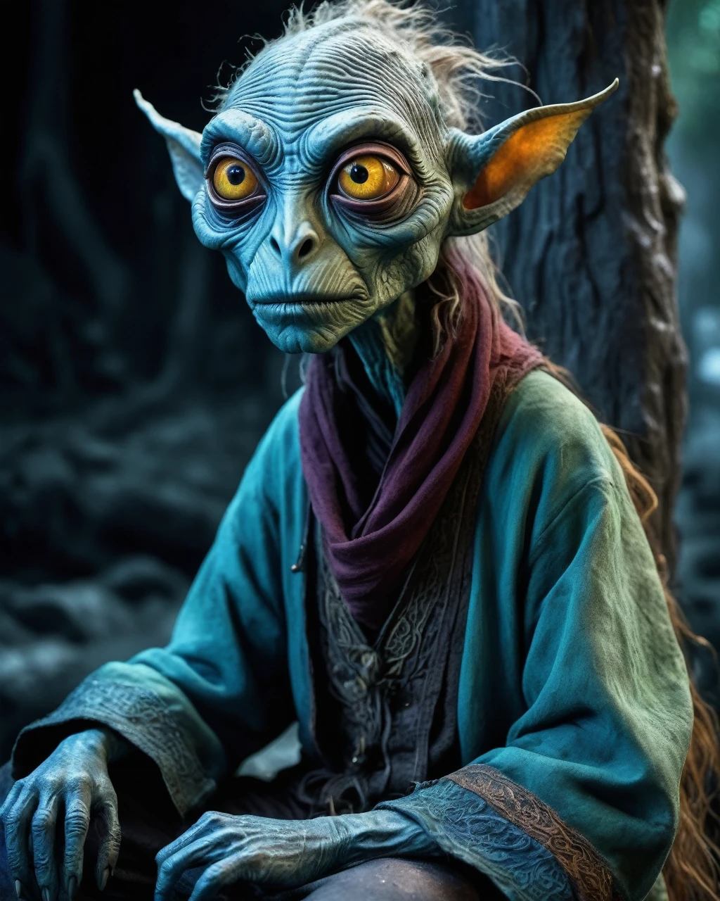 full body shot, ,psychedelic style of A beautiful tander alien female creature with lizard scale with fluffy eyes embedded into a canvas,The iris looks weird, attractive, The stars  in space is reflected in the pupil, goose down eyelashes, long wavy red luminescent hair, folk baggy clothes, sitting on a bench outside the house of dwarves in the setting of the Lord of the Rings,  . Whole outfit, clear, sharp, balanced,insanity clothing,full body length shot,beggar graphite Manganite sparas, wants eat,survival in criminal city of future,Cinematic,soft colors, Technicolor,natural skin textures, hyper realism, hyper detailed,Extremely detailed,High contrast,Masterpiece,Realistic,Ultra Detailed, intricate details,realistic humid leather,extremly intricate,Epic Realistic, cinematic style,irina yermolova,high contrast,hdr,extremely detailed, [deep night landscape],masterpiece,intricate details,faded,eyes extremely detailed, high detailed eyes,16k resolution,RAW,retina, Nikon Z9,China,Songbird,orc,Li River in Guangxi Zhuang of China,tkt style, Pisces, pointed ears，perfect, ginger，transition between two art styles, Ink painting to photorealism, Double contact, X-ray, Creative, vivid light, masterpiece, fantasy, Abstract, Surrealism, super detailed, high resolution, stop:35,(((creature with a spectral and ghostly appearance)). Her skin is pale, almost translucent. His eyes shine with a bluish glow, he wears dark, torn clothes that float around him, as if permeated by an aura of mourning. Its appearance is complemented by details such symbols of morning and gothic elements, further emphasizing its dark air. is portrayed as a haunted and tormented entity,pixar ,movie, animated movie still, still from the pixar movie, still from a pixar movie, disney ,