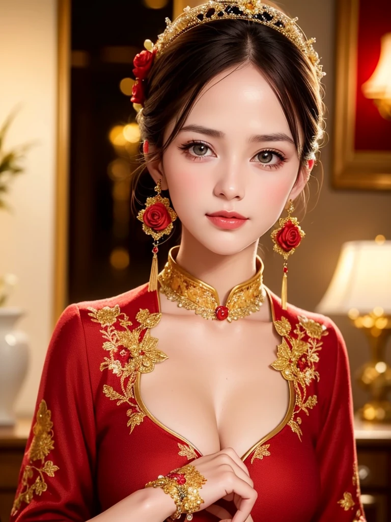Realistic semi-close portrait image of curious woman retro 60s nostalgia, Prime Time,, 35mm Female Portrait,Gold embroidery. warm color. Vivid. Realistic. Carefree happy joy bokeh background. Quiet aesthetics. Soft lighting. Artistic lighting. Feminine elegance.Facing forward、Photo of your face、The background is red roses