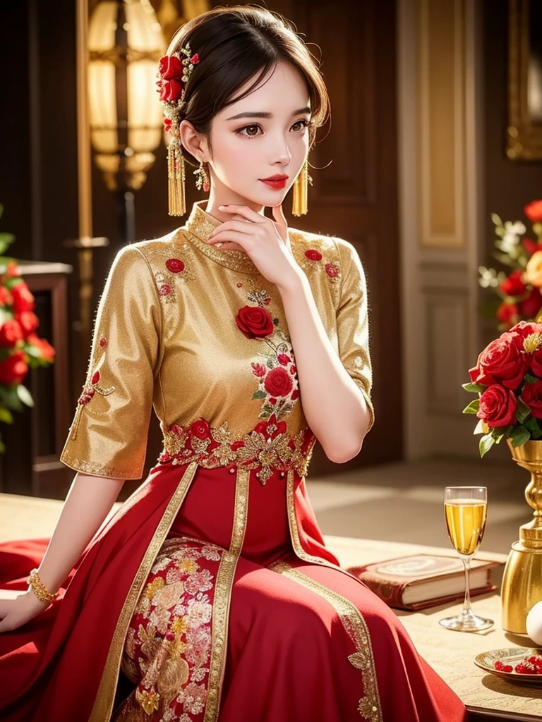 Realistic semi-close portrait image of curious woman retro 60s nostalgia, Prime Time,, 35mm Female Portrait,Gold embroidery. warm color. Vivid. Realistic. Carefree happy joy bokeh background. Quiet aesthetics. Soft lighting. Artistic lighting. Feminine elegance.Facing forward、Photo of your face、The background is red roses