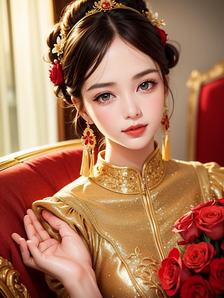 Realistic semi-close portrait image of curious woman retro 60s nostalgia, Prime Time,, 35mm Female Portrait，Gold embroidery. warm color. Vivid. Realistic. Carefree happy joy bokeh background. Quiet aesthetics. Soft lighting. Artistic lighting. Feminine elegance.Facing forward、Photo of your face、The background is red roses