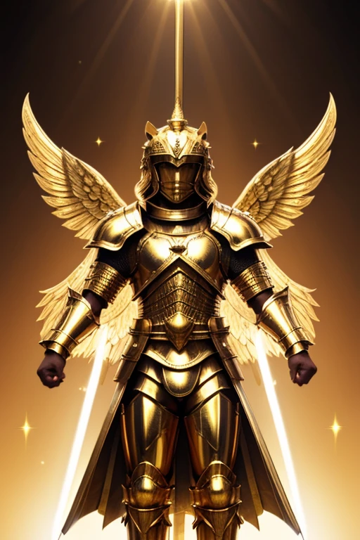 Arafed image of a lion with wings and a sword., winged truss angle, Angelic golden armor, archangel michael, sacred armor, lion warrior, archangel, Dressed in light armor, angel with plastic armor, Light coming out of the armor, the golden cat knight in armor, Saint Michael the Angel, Lt. Adam Marczyński