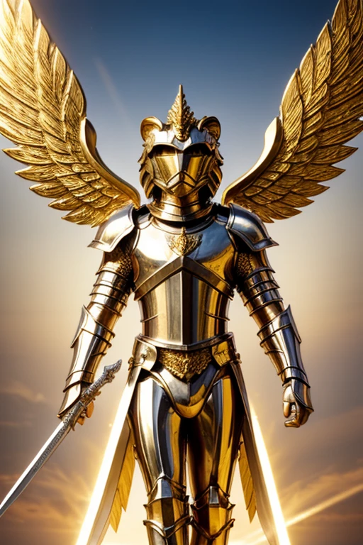 Arafed image of a lion with wings and a sword., winged truss angle, Angelic golden armor, archangel michael, sacred armor, lion warrior, archangel, Dressed in light armor, angel with plastic armor, Light coming out of the armor, the golden cat knight in armor, Saint Michael the Angel, Lt. Adam Marczyński