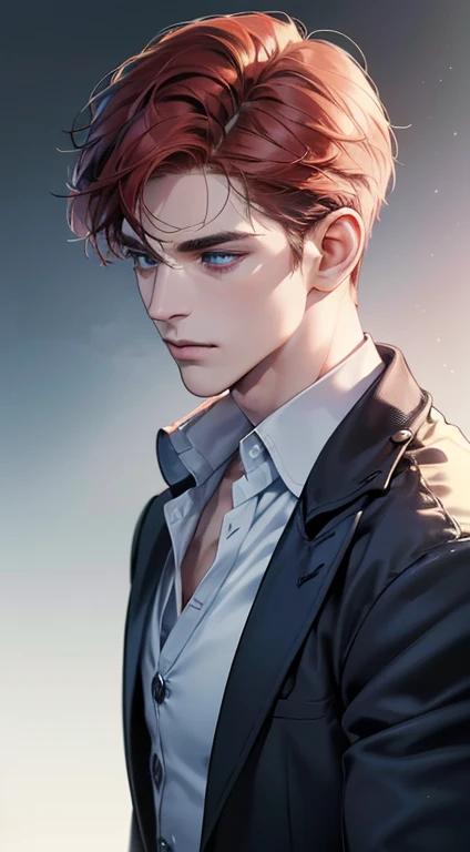 (best quality, masterpiece, 8K, photorealistic, cinematic lighting, 1:4 hdr image, ultra detailed, beautiful image), a mature man, 34 years very handsome, ((cold expression)), short red hair, blue eyes, face perfect without mistakes, ((buttoning his jacket, CEO))