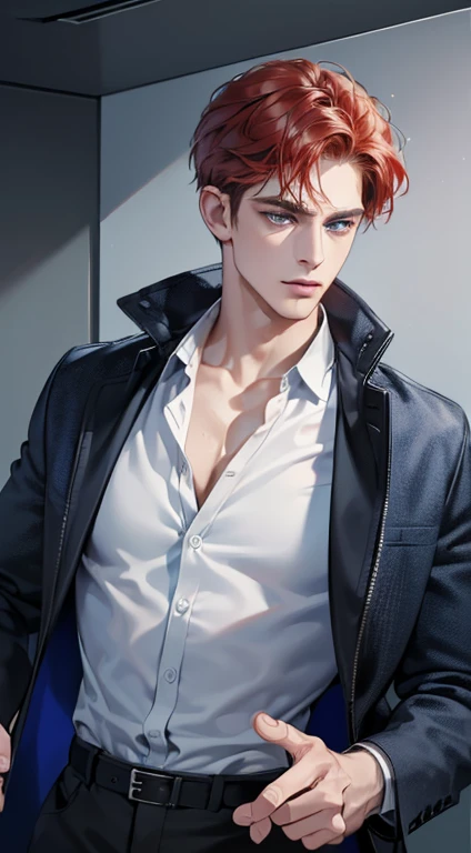 (best quality, masterpiece, 8K, photorealistic, cinematic lighting, 1:4 hdr image, ultra detailed, beautiful image), a mature man, 34 years very handsome, ((cold expression)), short red hair, blue eyes, face perfect without mistakes, ((buttoning his jacket, CEO))