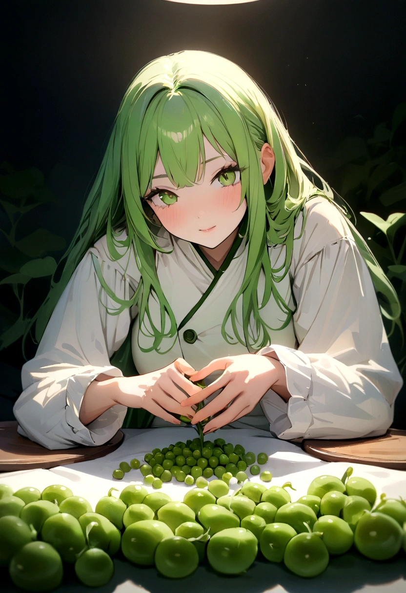 Peas neatly arranged on the table,Delicate stem tip,Refreshing,Artistic presentation,Natural vibrant colors,(best quality,4K,8K,high resolution,masterpiece:1.2),Extremely detailed,Practical:1.37,Close-up details,Texture green sprouts,Studio Lighting,Subtle shadows,aesthetic appeal,Culinary inspiration,healthy,Personification