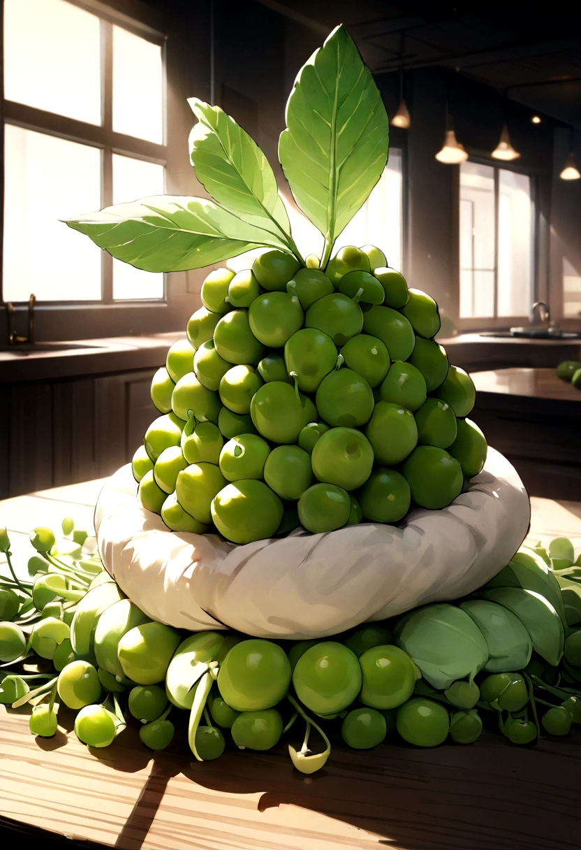 Peas neatly arranged on the table,Delicate stem tip,Refreshing,Artistic presentation,Natural vibrant colors,(best quality,4K,8K,high resolution,masterpiece:1.2),Extremely detailed,Practical:1.37,Close-up details,Texture green sprouts,Studio Lighting,Subtle shadows,aesthetic appeal,Culinary inspiration,healthy,Personification