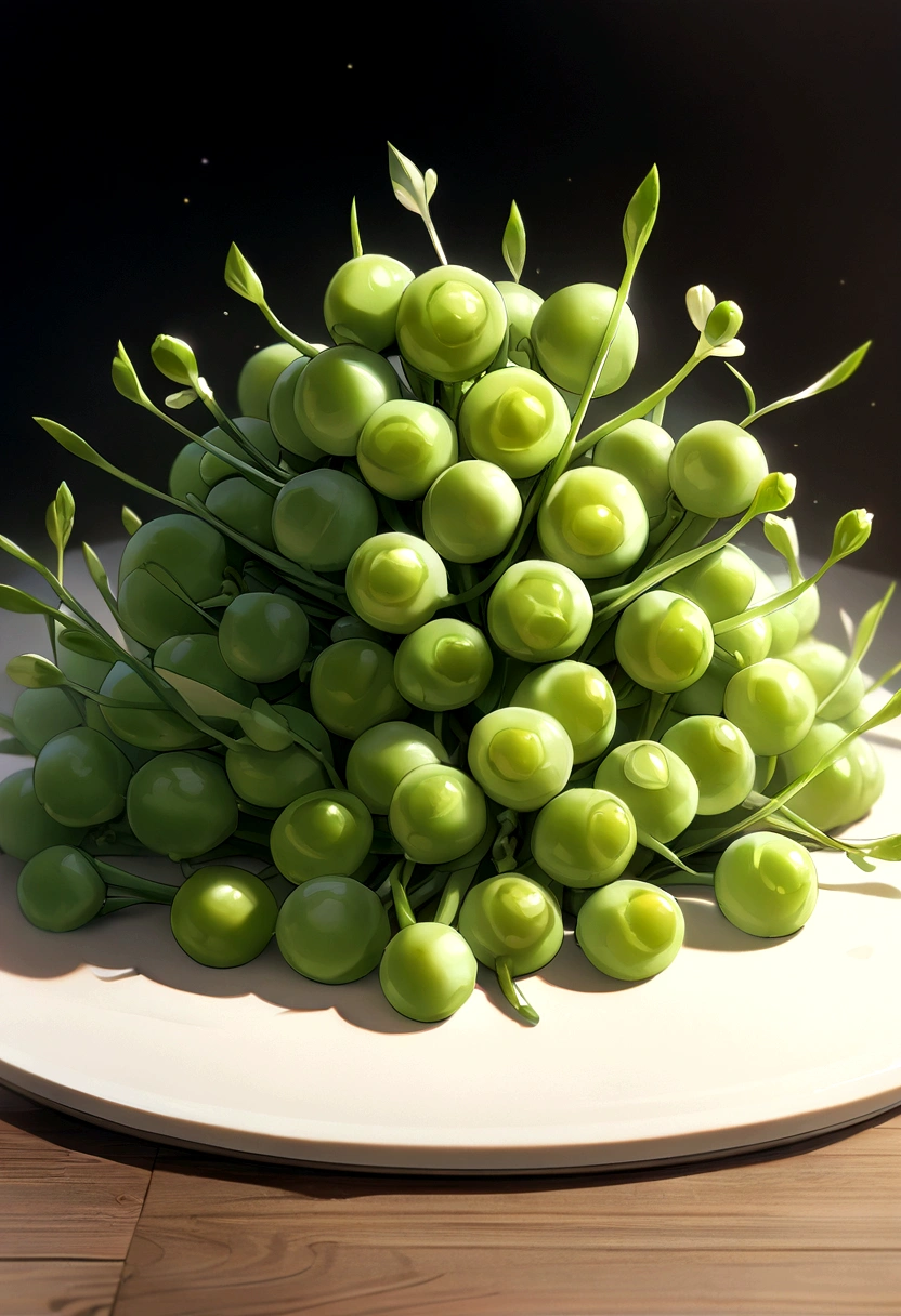 Peas neatly arranged on the table,Delicate stem tip,Refreshing,Artistic presentation,Natural vibrant colors,(best quality,4K,8K,high resolution,masterpiece:1.2),Extremely detailed,Practical:1.37,Close-up details,Texture green sprouts,Studio Lighting,Subtle shadows,aesthetic appeal,Culinary inspiration,healthy,Personification