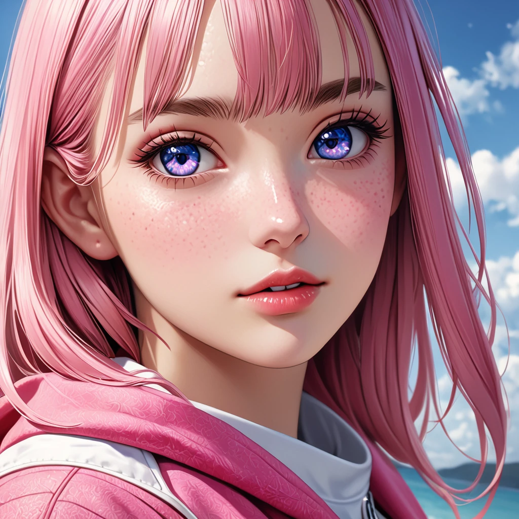 8K, Highest quality, masterpiece, Ultra-high resolution, (realism: 1.4), Original photo, (Realistic skin texture: 1.3), (Film Grain: 1.3), (Selfie angle), 1 Girl, Pink clothes, Sapphire eyes and beautiful facial details, masterpiece, Highest quality, close, Upper Body