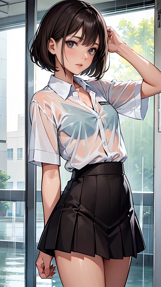 (One woman), short bob, 18 years old, Japanese, brown eyes, brown hair, slim figure, flat chest, high school girl, school summer uniform
Blake
Facial expression and background
Her whole body got wet from a sudden rain, and her blouse became transparent, giving a faint glimpse of her bra