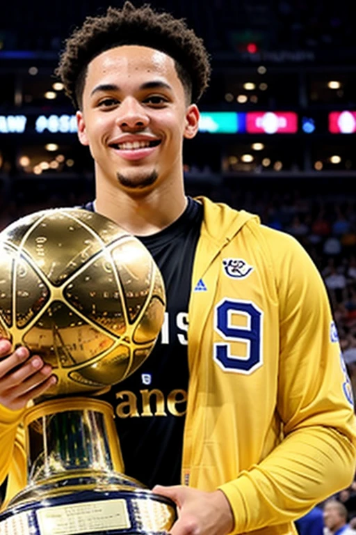 Cade cunningham holding nba finals trophy