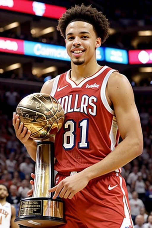 Cade cunningham holding nba finals trophy