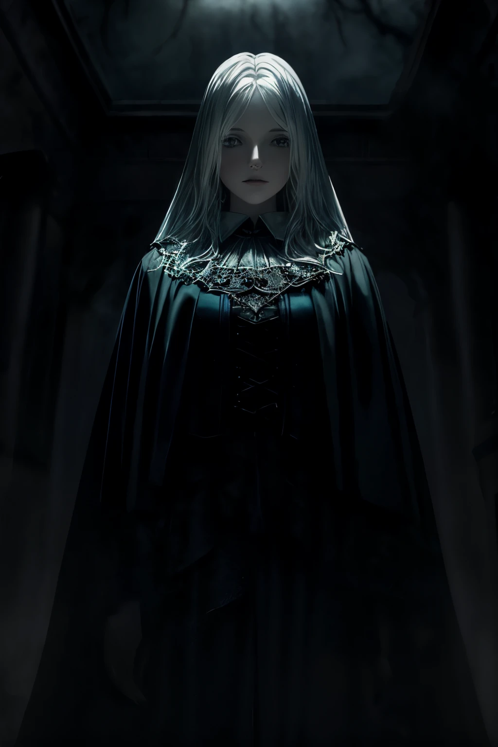 A Masterpiece of Supernatural Splendor, a ghostly entity of ethereal and haunting charm, resides in a gothic background that whispers dark fantasy. Clad in translucent blue and white, the spirit of fear elicits a sense of surrealism and mystery. The entity's long, flowing hair drapes behind it, an eerie reminder of its spectral form.

Empty eyes, devoid of life, peer from beneath a hood in a dramatic lighting setup that enhances the moody atmosphere, manifesting a cinematic composition worthy of admiration. With an 8K resolution, this photorealistic image showcases an ultra-detailed, realistic depiction of