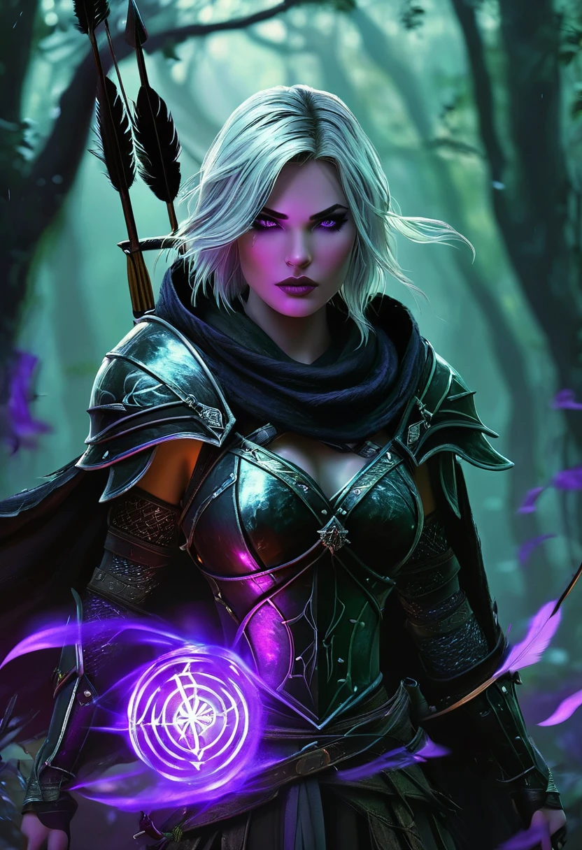 (masterpiece, best quality:1.3)
1girl, solo, long hair, breasts, red eyes, cleavage, medium breasts, upper body, white hair, horns, hood, cape, armor, tree, glowing, pointy ears, colored skin, feathers, elf, shoulder armor, pale skin, glowing eyes, cloak, spikes, hood up, forest, pauldrons, skull, arrow \(projectile\), shoulder pads, undead, In a hauntingly beautiful, moonlit forest, a powerful and enigmatic elf stands tall, exuding an aura of dark magic and mystery. This is Sylvanas, the legendary Windrunner, inspired by the iconic character from World of Warcraft,Sylvanas's skin has a striking, ashen gray hue, a testament to her mastery over the shadows. Her pointed ears, a hallmark of her elven heritage, are adorned with intricate, silver piercings that seem to shimmer in the faint moonlight. Her eyes burn with an otherworldly intensity, as if they hold the secrets of the forest and the whispers of the wind.She wears a flowing, purple hooded cloak, its edges embroidered with intricate, silver thread that resembles the delicate patterns found on a spider's web. The cloak billows behind her like a dark cloud, as if it's alive and feeding off the shadows. A quiver full of arrows, each one meticulously crafted with razor-sharp tips and adorned with tiny, glowing runes, hangs at her hip. The arrows seem to hum with dark energy, as if they're infused with the power of the forest.In her hand, Sylvanas grasps a magnificent, ornate longbow, its wood polished to a dark, mirror-like
