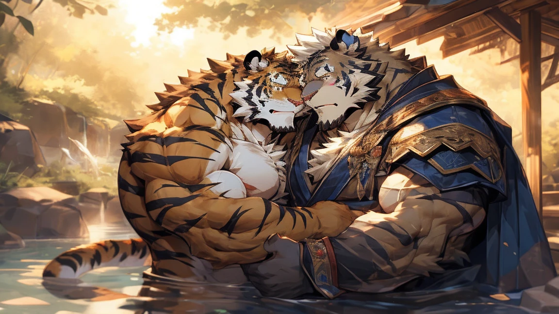 hot spring,furry,two people,(tiger:1.9),long hair,long beard,majesty,Mature,elderly aged,Mature,knight,paladin,numerous wounds,Crotch bulge,Lots of scars,Tall,Bodybuilding,Muscle bulge,sweat,Naked upper body,respite,sexy,(by rabbity),hugging and rubbing ,putting hands on the chest,kissing,love,homosexual,doing sex,fully naked,warm and kind