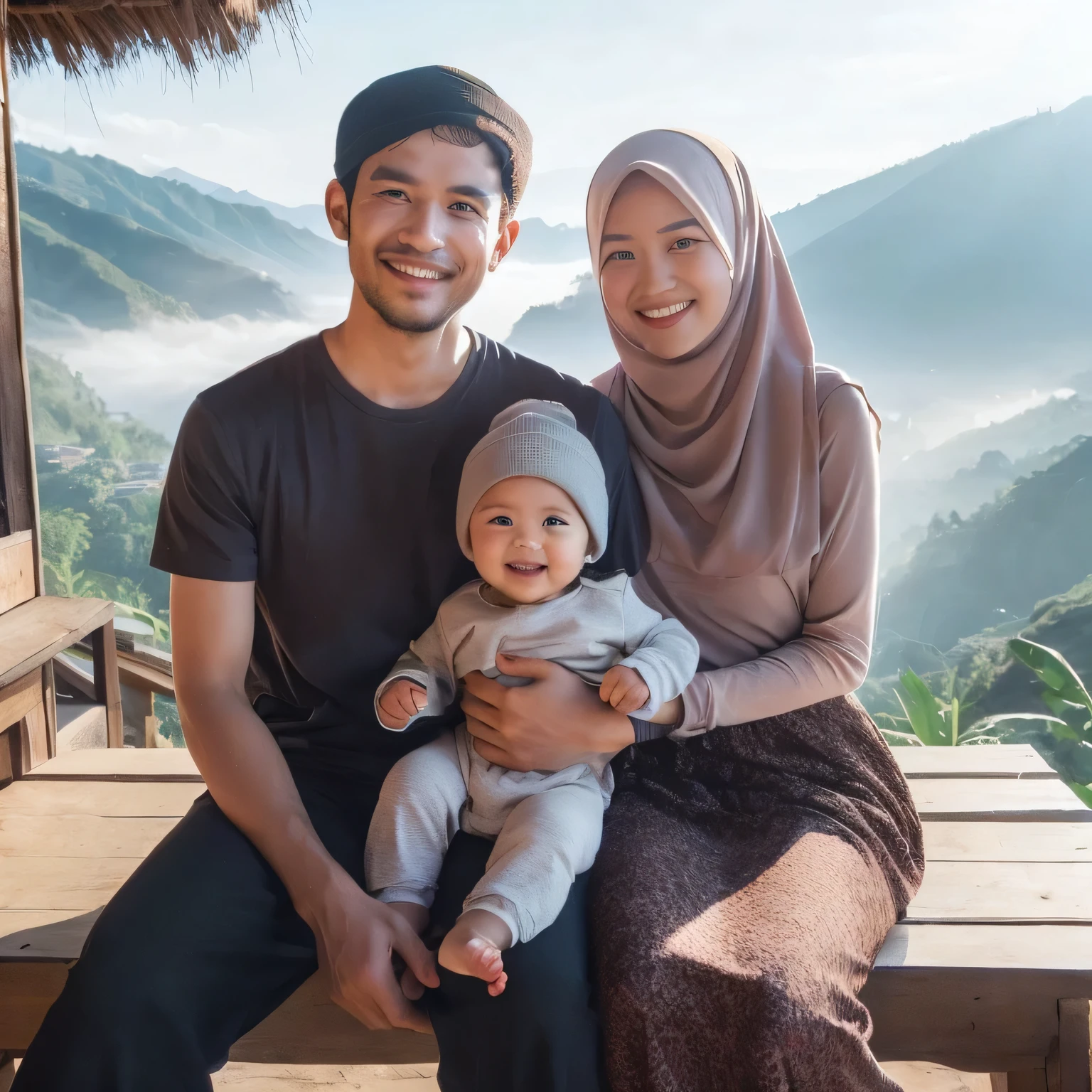 Full body, Indonesian village family photo, 30 year old father, neat short black hair, wearing a simple short-sleeved t-shirt. Mother is 25 years old, wearing a hijab, long-sleeved t-shirt and skirt. 1 boy, wearing a beanie, sitting together on the terrace of a natural rural house, cheerful expression, beautiful natural scenery background, visible mountains and light fog from a distance, HD quality, high resolution, 8K.