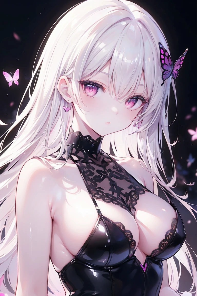 (masterpiece, top quality, best quality, official art, beautiful and aesthetic:1.2),cover art,
sleek,dark,highly detailed,Dynamic Angle,Dynamic posture,
high gloss,extremely beautiful skin,natural skin texture,(Milky skin:1.2),(shiny skin:1.4),1gir,solo,
(dark black and light magenta butterflies:1.2),
lace transparent dresses,
Depth of field,blurred background,dark forest background,