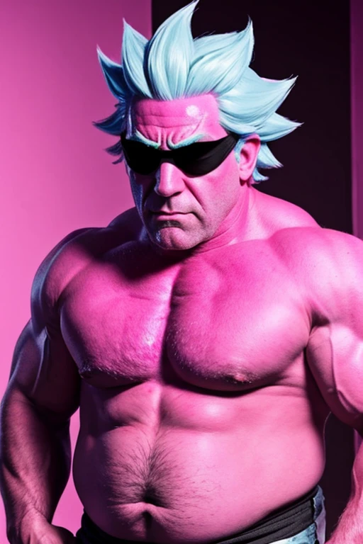 rick sanchez with bright "pink skin color" and huge muscles that's on a boat he also wears a black bandana around his face. rick sanchez sucks and he also means nothing we hate him hes too good at the game "gangbeast" pink skin, has pink skin, pink everywhere all over PNIKKKKKK PNIK PAINT. covered in pink paint. pink rick is also vary fat so fat and he sucks.