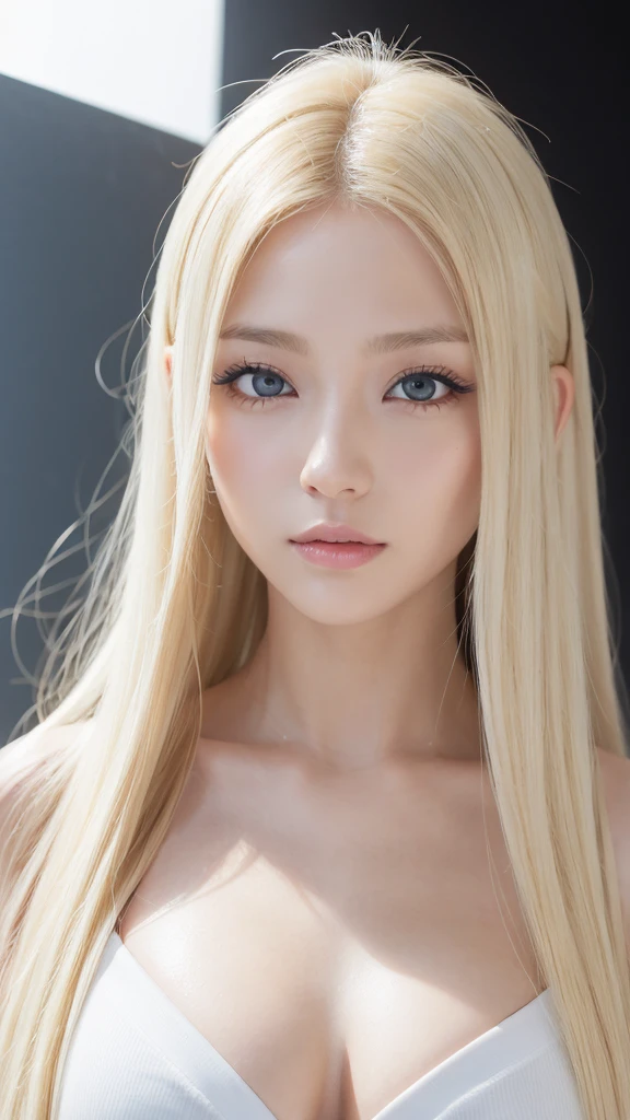 (((forehead、White background、Blonde、Russia、Northern Europe、Upper body close-up)))、sexyな巨乳,25歳の美しい女の子はsexyでかわいい & かわいい美しいsexyな顔, A strong wind blows my hair in front of my face,Beautiful super long metallic blonde straight hair、長い前髪の後ろに隠された美しくキュートでsexyな目、sexyドレス、sexy、Dynamic Pose