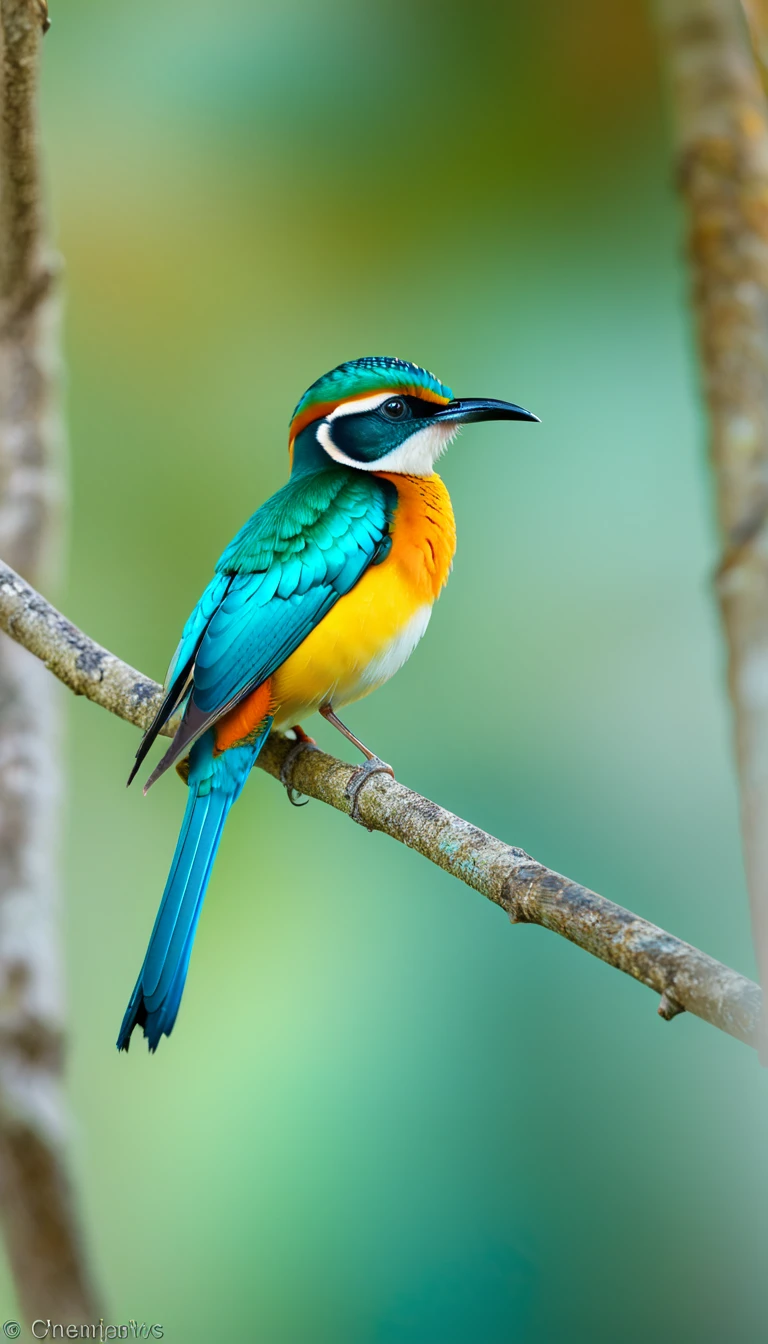a colorful bird is perched on a branch, in the style of teal and amber, i can't believe how beautiful this is, sumatraism, duccio, naturalistic poses, photography, Nikon D7500 --ar 4:7 --v 5 --no watermark