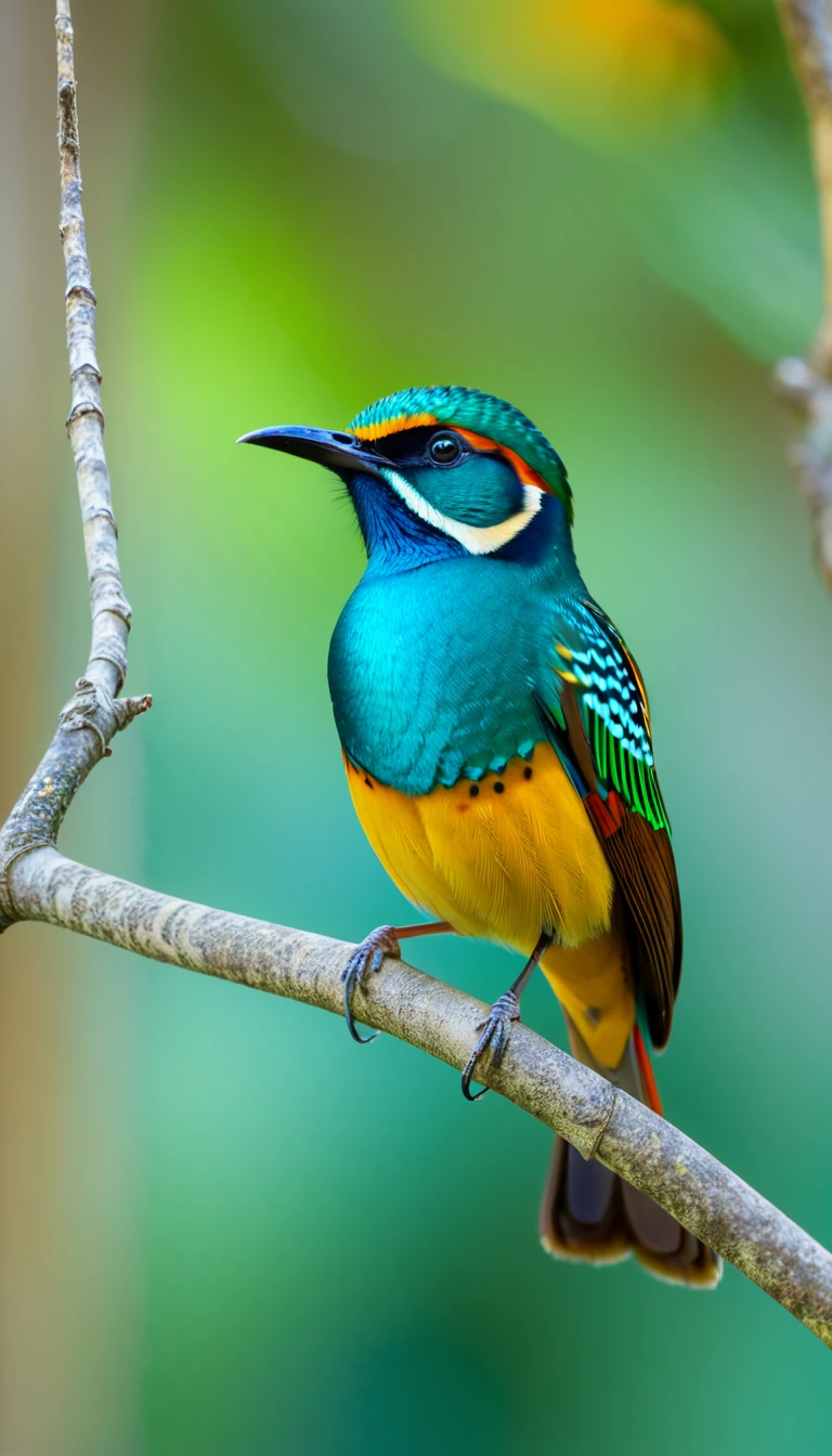 a colorful bird is perched on a branch, in the style of teal and amber, i can't believe how beautiful this is, sumatraism, duccio, naturalistic poses, photography, Nikon D7500 --ar 4:7 --v 5 --no watermark
